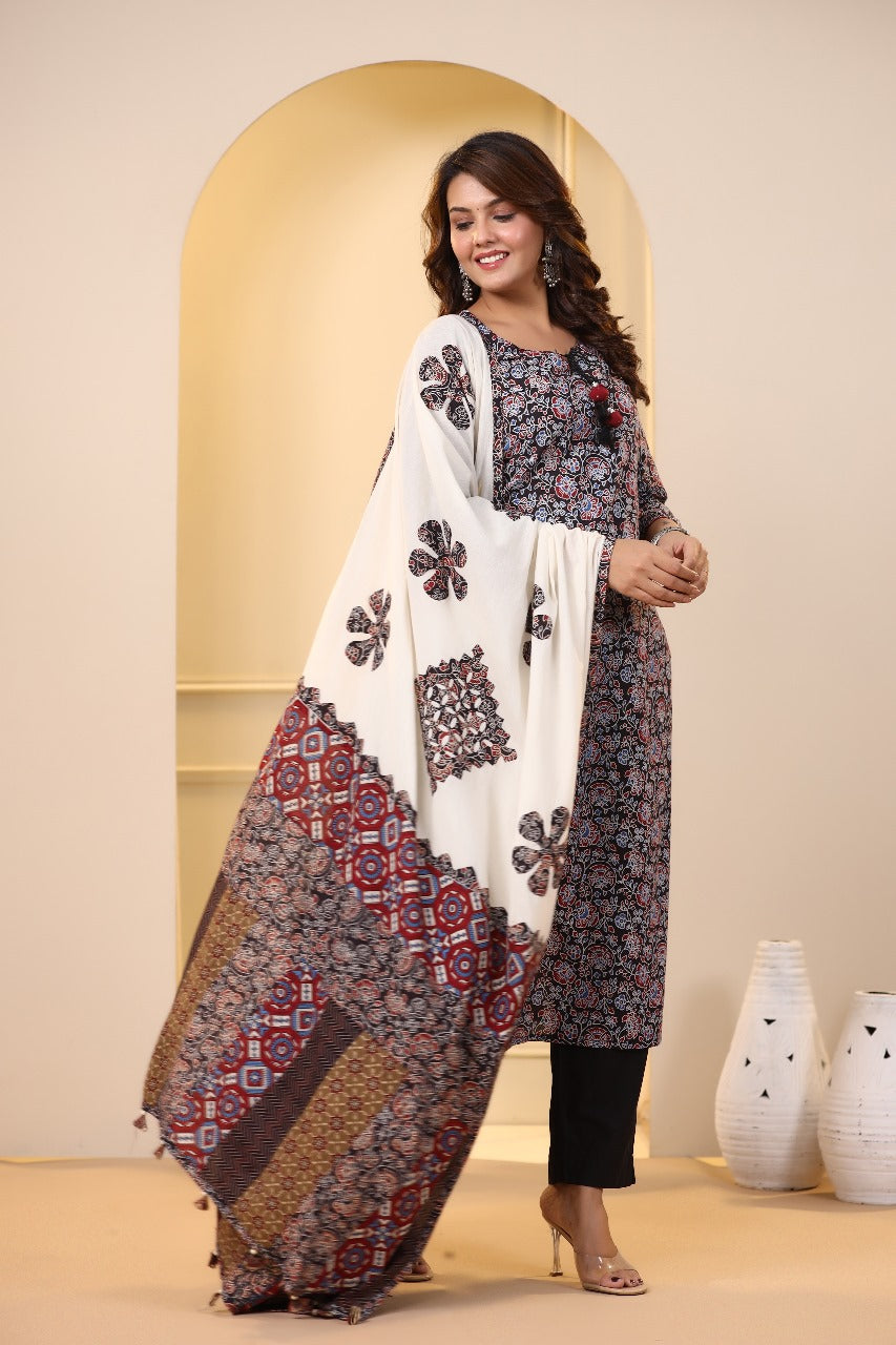 Women’s Cotton Printed Straight Kurti with Contrast Dupatta 3/4 Sleeve  Comfortable Daily Wear