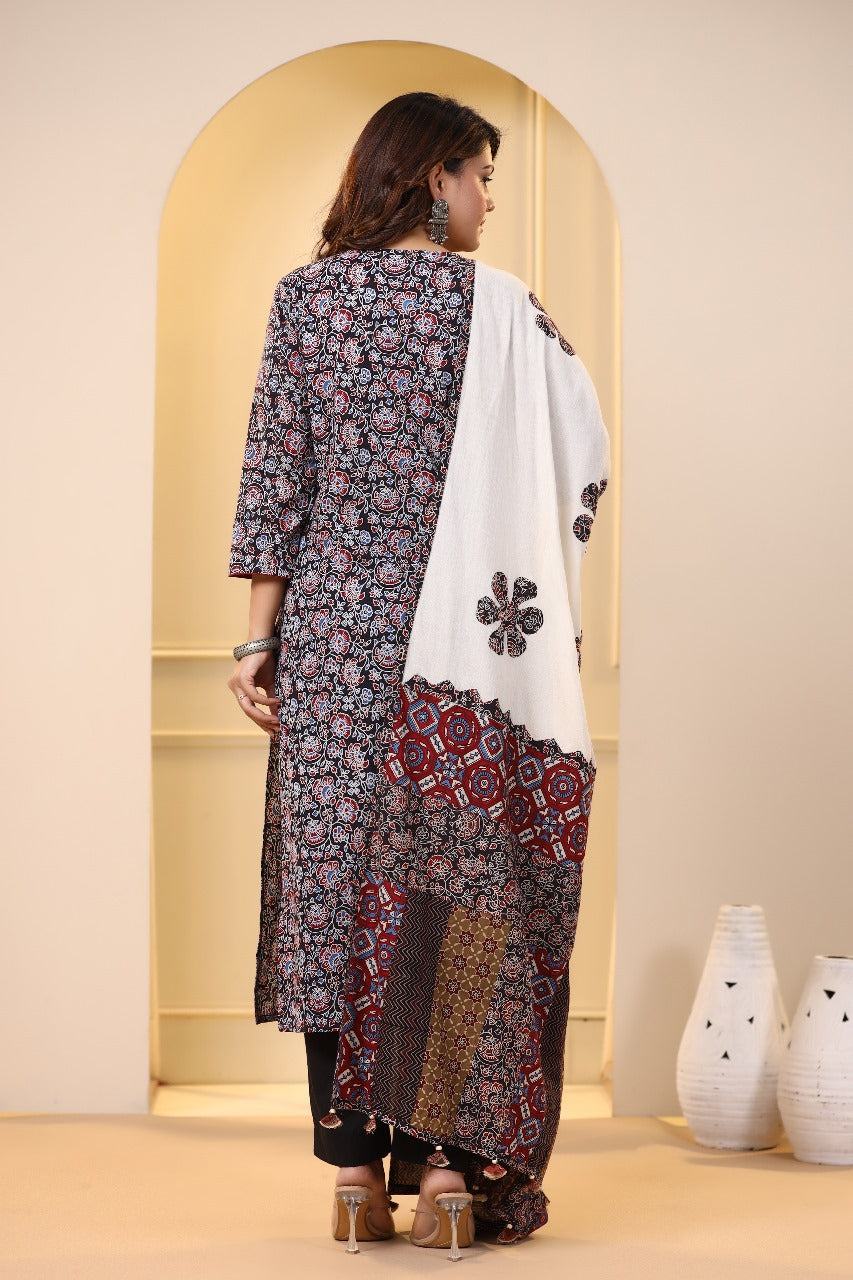 Women’s Cotton Printed Straight Kurti with Contrast Dupatta 3/4 Sleeve  Comfortable Daily Wear
