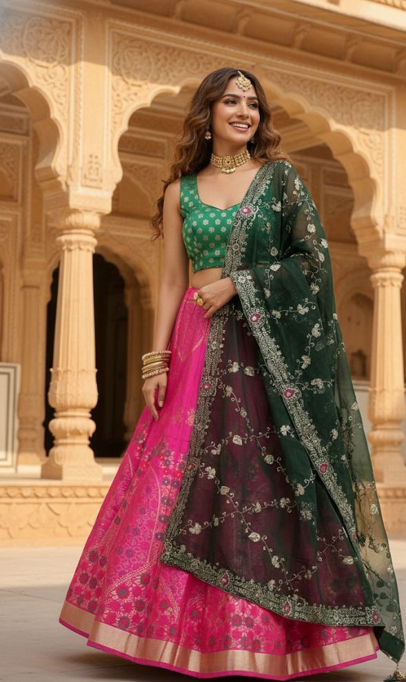 Elegant Banarasi Semi-Stitched Lehenga Set with Georgette Dupatta & Vintage Work A