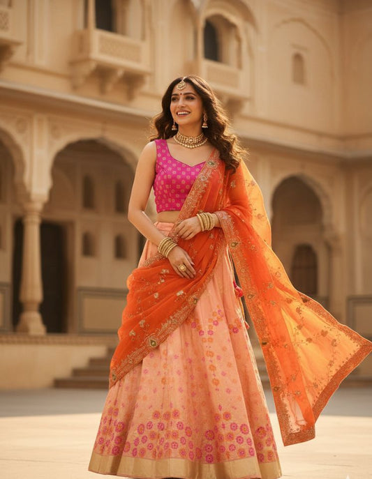 Elegant Banarasi Semi-Stitched Lehenga Set with Georgette Dupatta & Vintage Work E