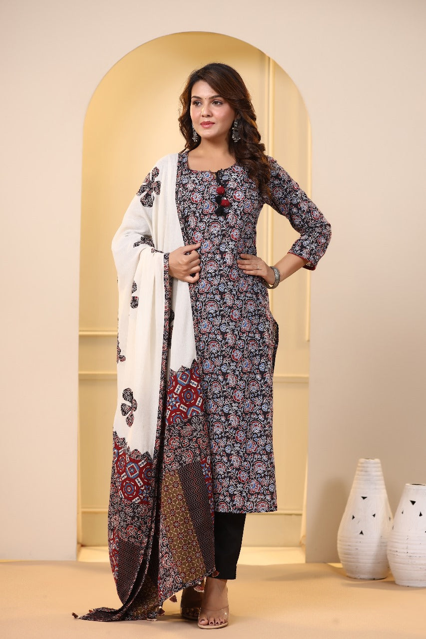 Women’s Cotton Printed Straight Kurti with Contrast Dupatta 3/4 Sleeve  Comfortable Daily Wear