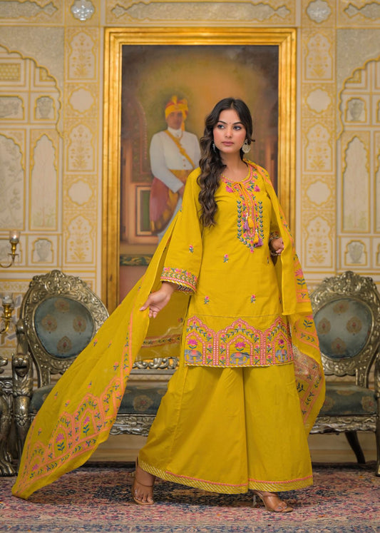 Premium Embroidered 3-Piece Ethnic Set – Kurta, Divider Palazzo & Dupatta