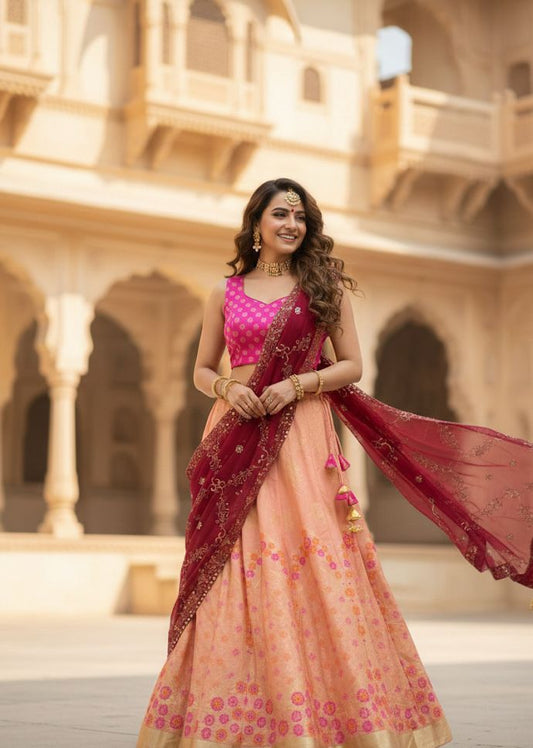 Elegant Banarasi Semi-Stitched Lehenga Set with Georgette Dupatta & Vintage Work F