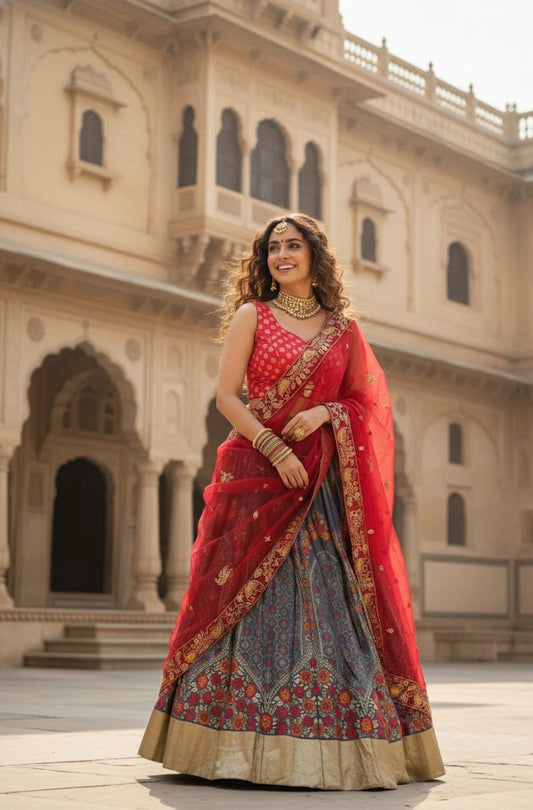 Elegant Banarasi Semi-Stitched Lehenga Set with Georgette Dupatta & Vintage Work H