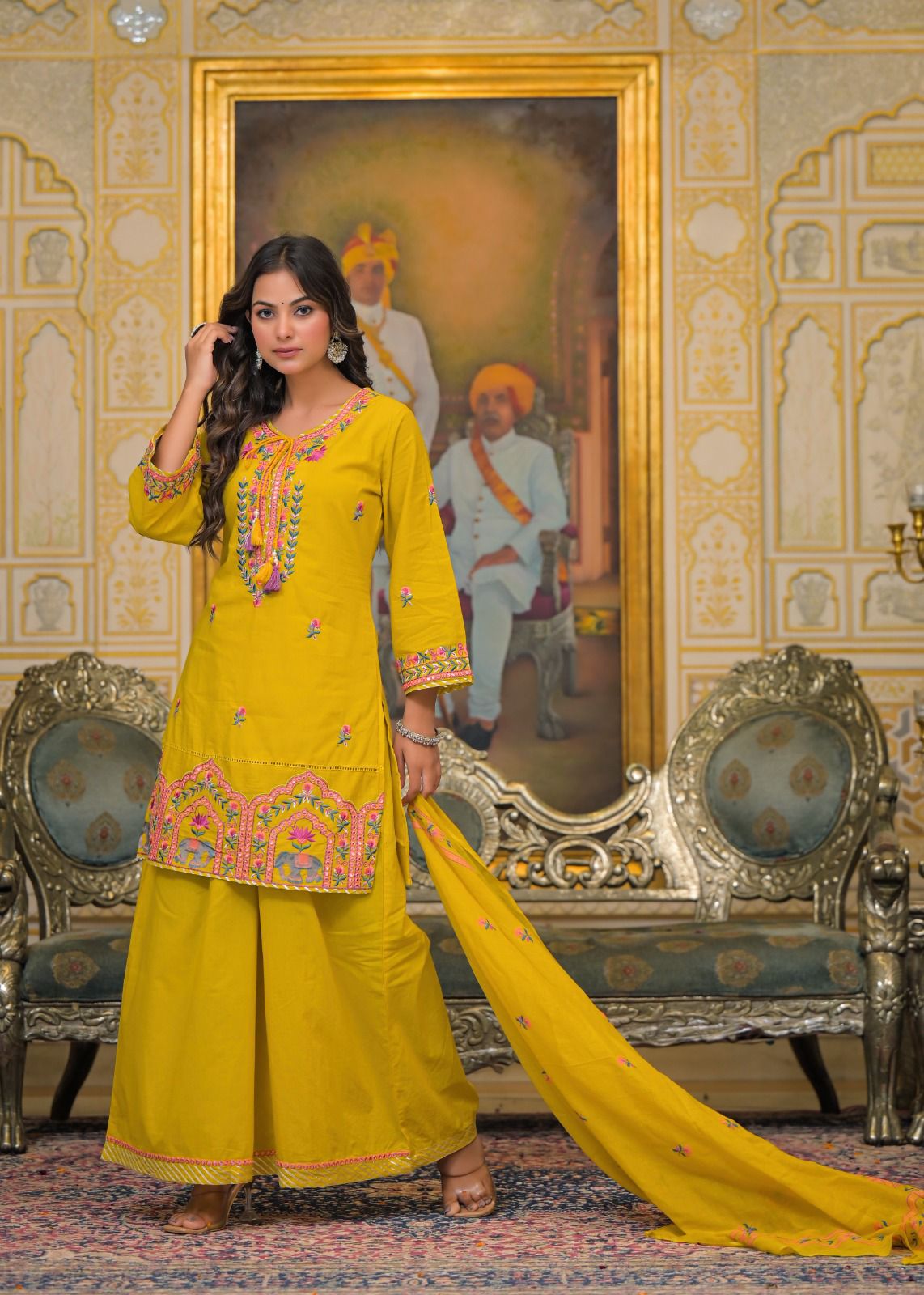 Premium Embroidered 3-Piece Ethnic Set – Kurta, Divider Palazzo & Dupatta