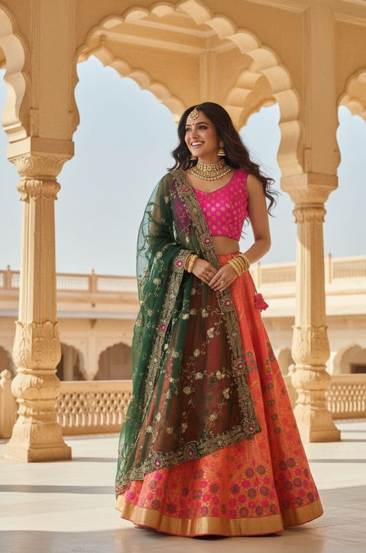 Elegant Banarasi Semi-Stitched Lehenga Set with Georgette Dupatta & Vintage Work I
