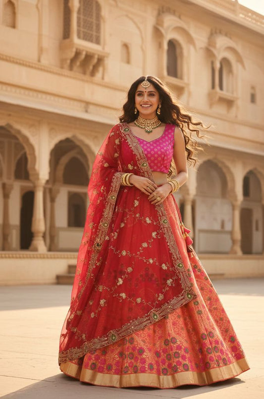 Elegant Banarasi Semi-Stitched Lehenga Set with Georgette Dupatta & Vintage Work j