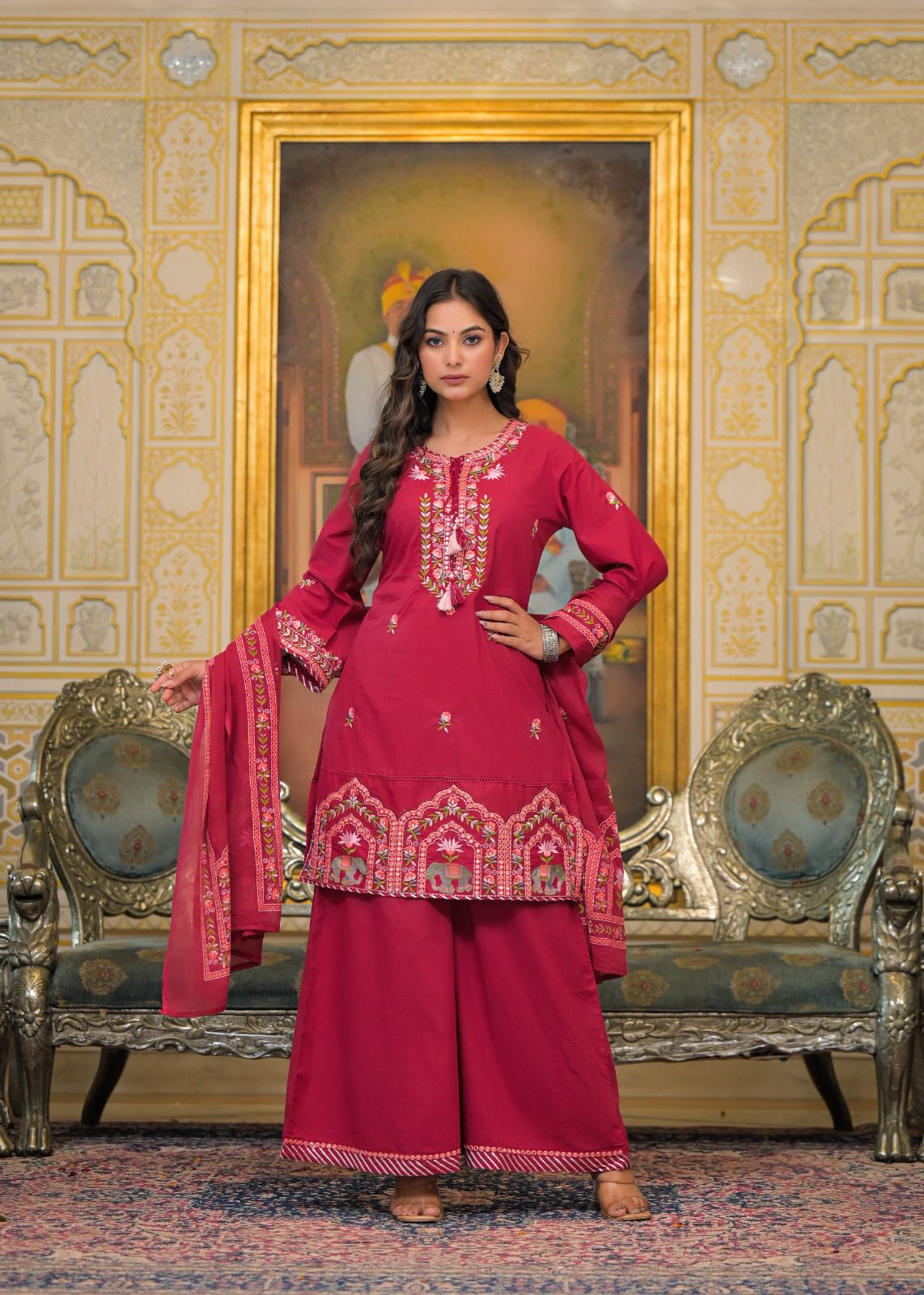 Premium Embroidered 3-Piece Ethnic Set – Kurta, Divider Palazzo & Dupatta