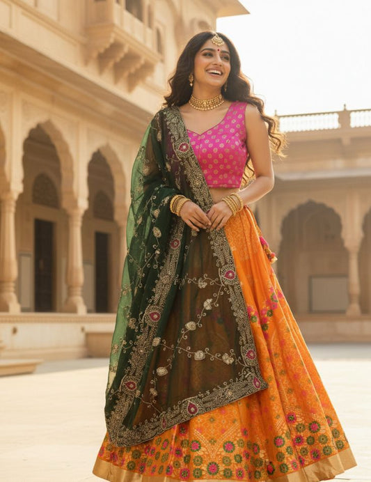 Elegant Banarasi Semi-Stitched Lehenga Set with Georgette Dupatta & Vintage Work M