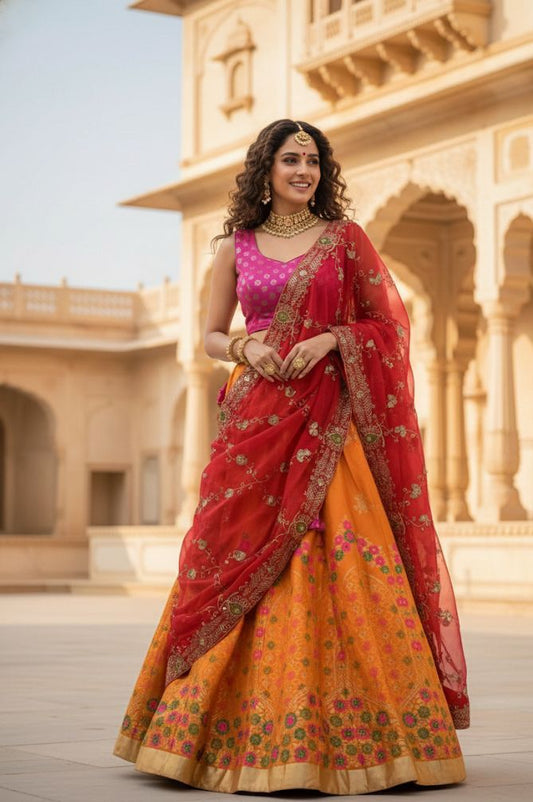 Elegant Banarasi Semi-Stitched Lehenga Set with Georgette Dupatta & Vintage Work N