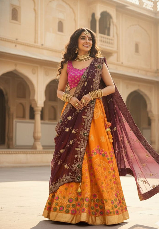 Elegant Banarasi Semi-Stitched Lehenga Set with Georgette Dupatta & Vintage Work O
