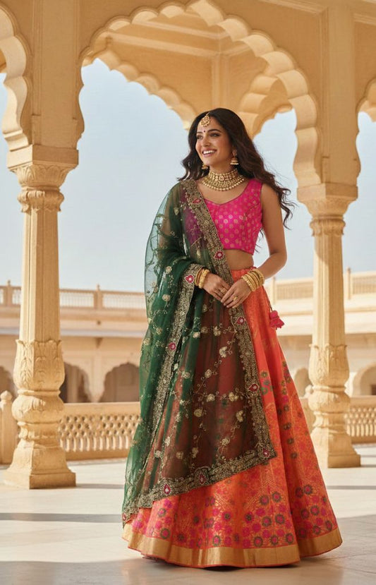 Elegant Banarasi Semi-Stitched Lehenga Set with Georgette Dupatta & Vintage Work P