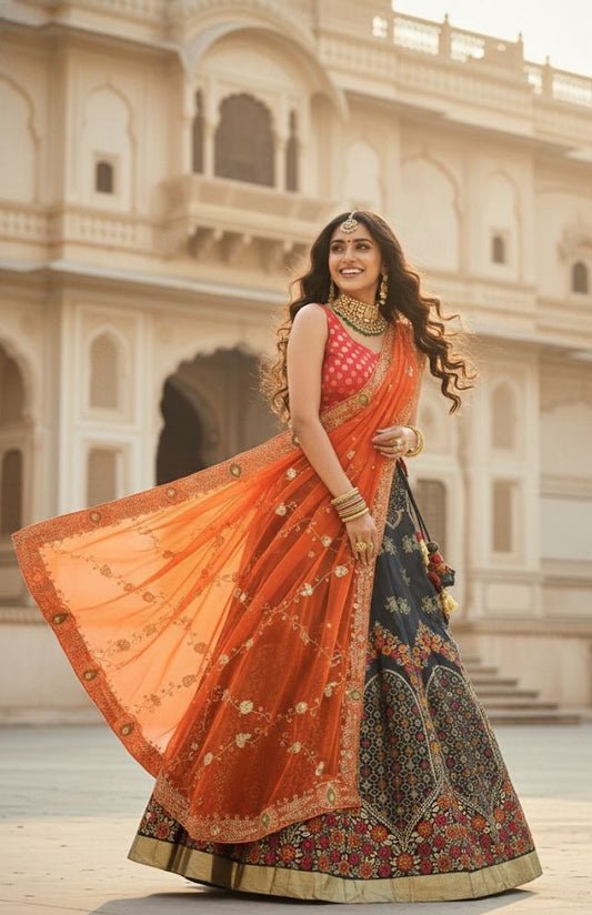 Elegant Banarasi Semi-Stitched Lehenga Set with Georgette Dupatta & Vintage Work Q