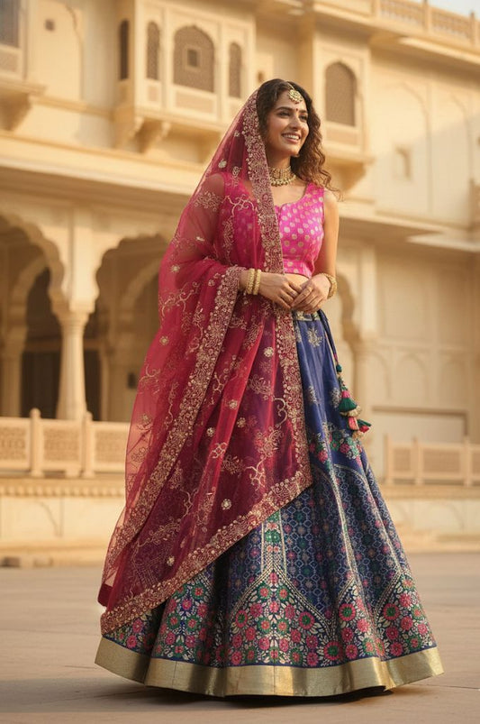 Elegant Banarasi Semi-Stitched Lehenga Set with Georgette Dupatta & Vintage Work R
