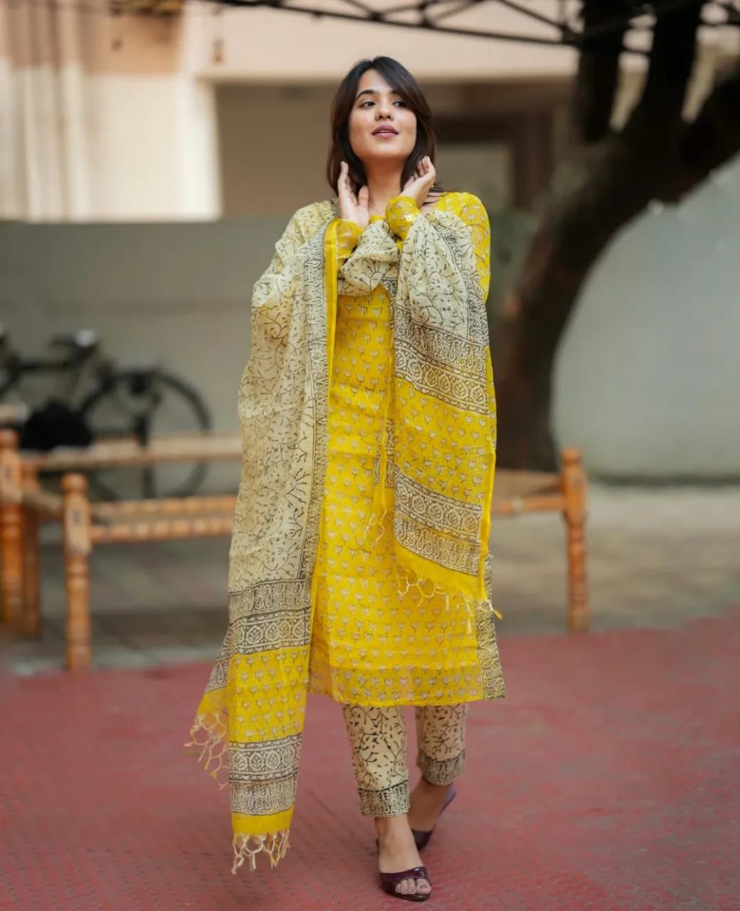 Premium Fine Kota Doria Kurti Pant Dupatta Suit Set
