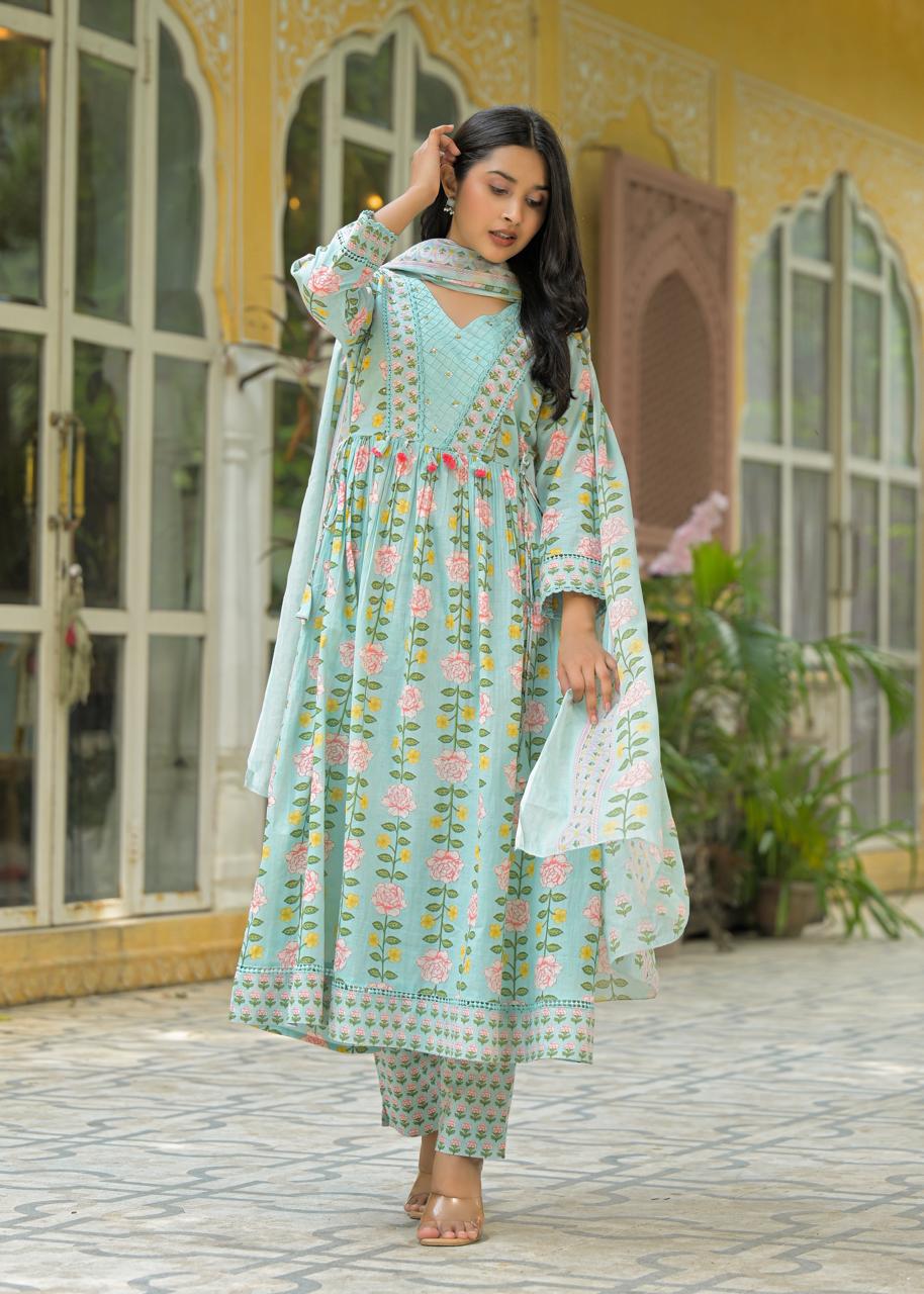 Block Print Anarkali Kurta Set with Matching Pants & Dupatta for Woman