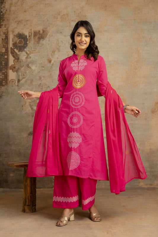 Stylish Front-Lined Silky Cotton Ethnic Suit with Embroidery