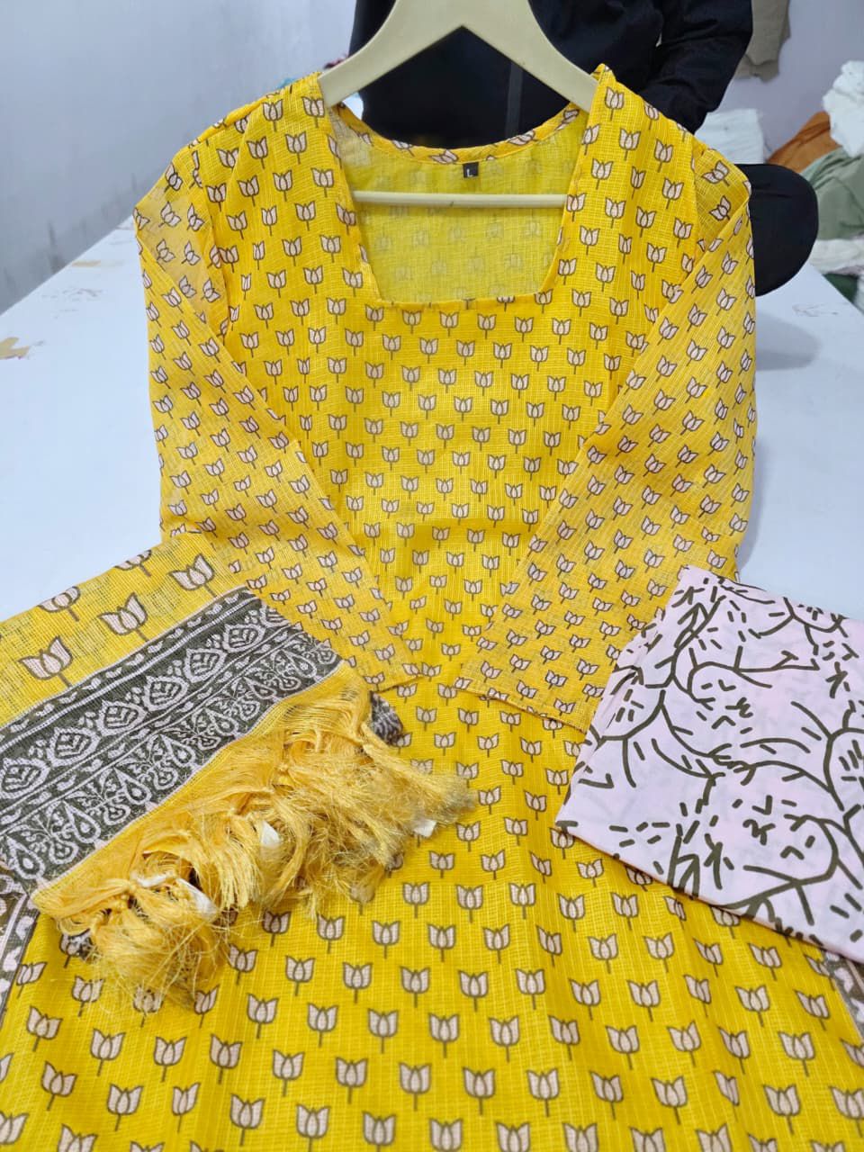 Premium Fine Kota Doria Kurti Pant Dupatta Suit Set