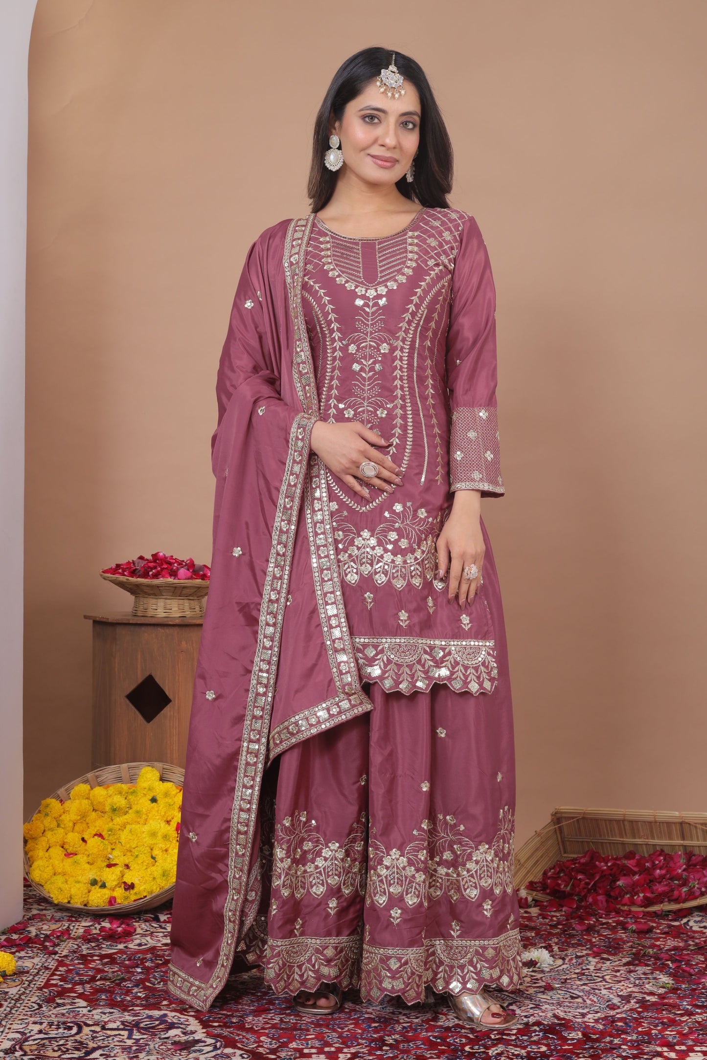 Premium Designer Embroidered Natural Crepe Sharara Suit Set with Sequins Work