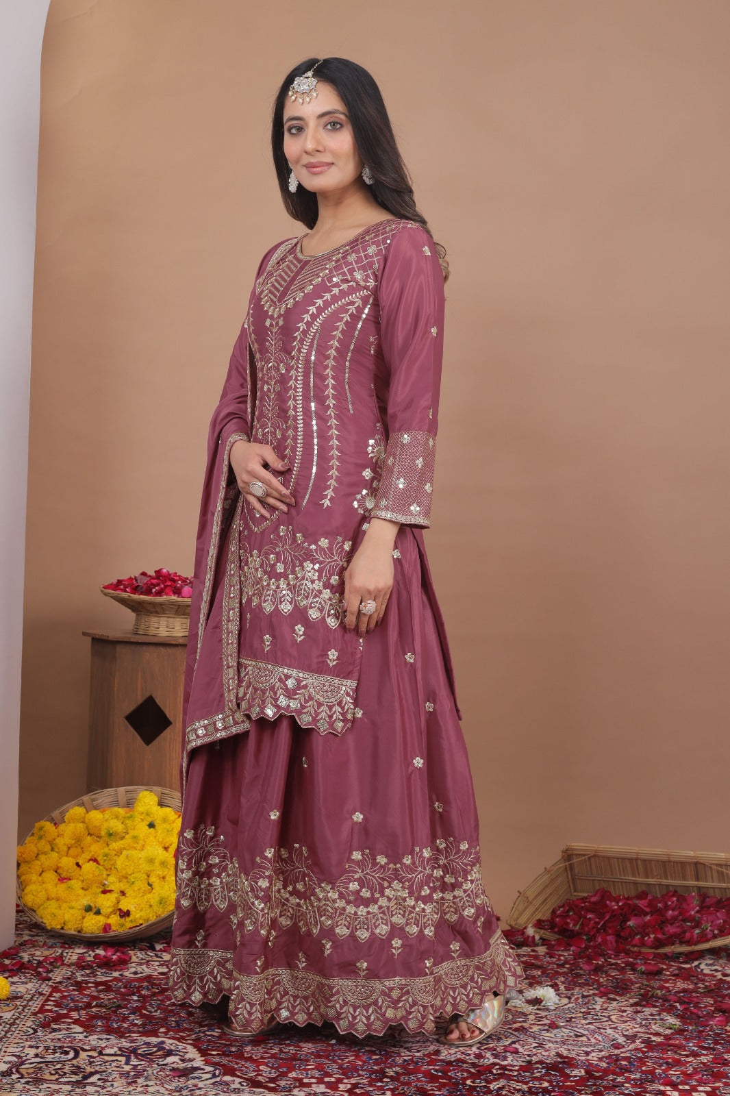 Premium Designer Embroidered Natural Crepe Sharara Suit Set with Sequins Work