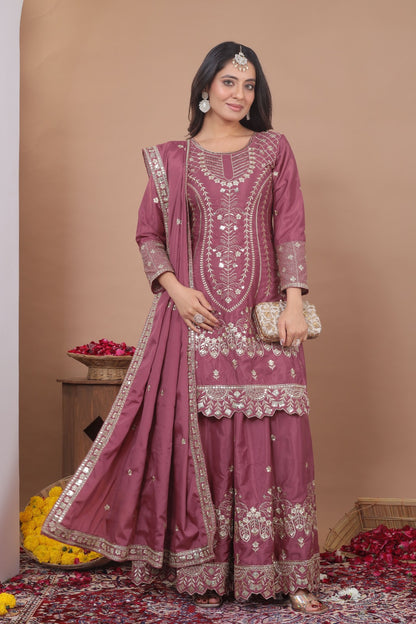 Premium Designer Embroidered Natural Crepe Sharara Suit Set with Sequins Work