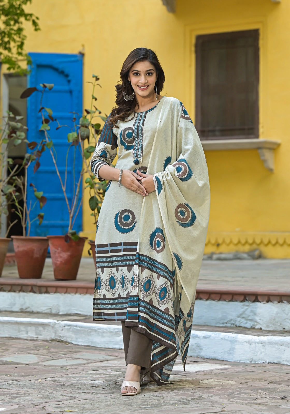 Women’s Cream Cotton Printed Kurta with Dupatta & Brown Pants
