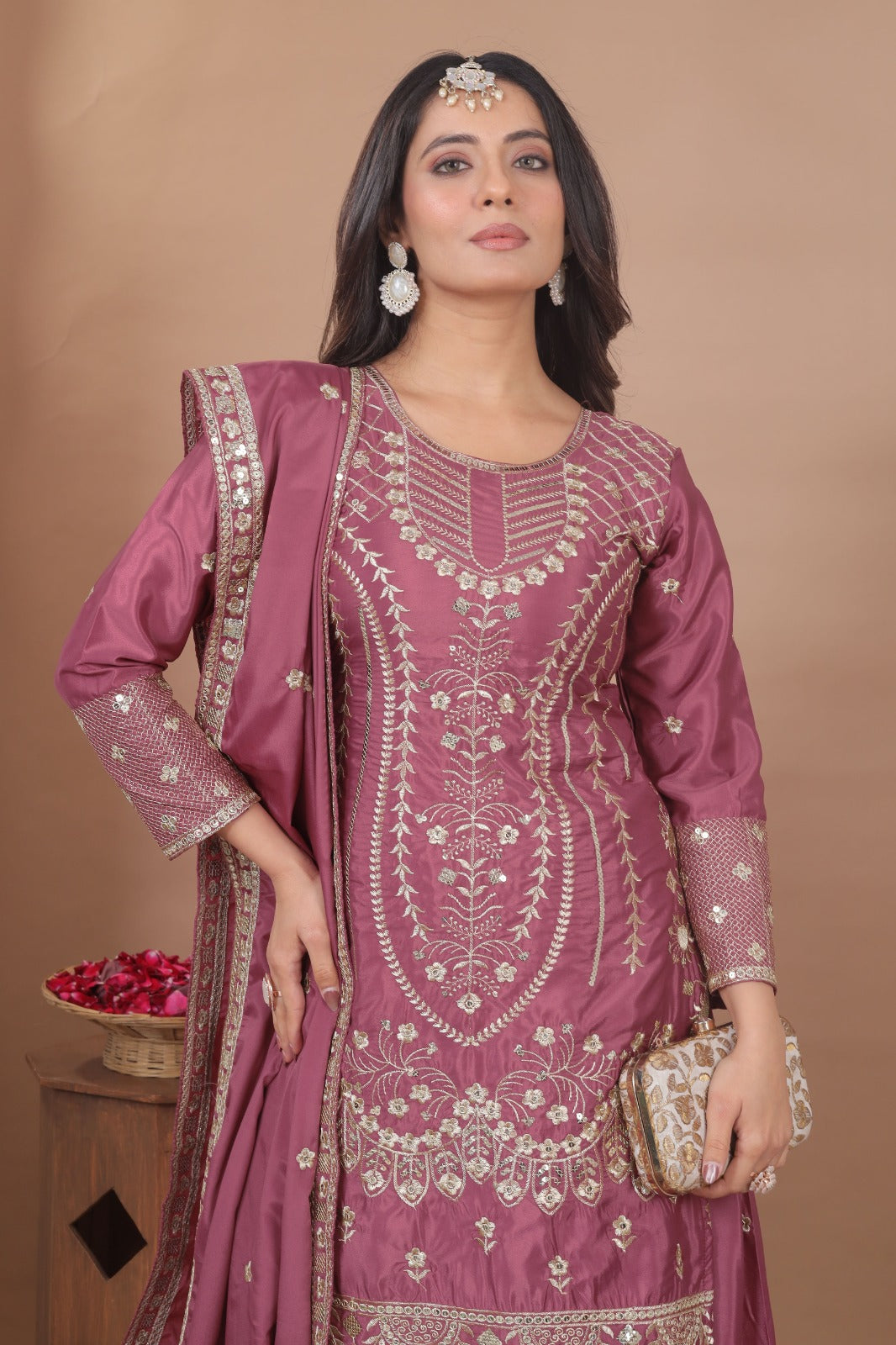 Premium Designer Embroidered Natural Crepe Sharara Suit Set with Sequins Work