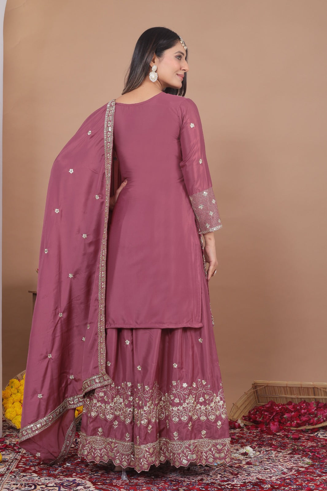Premium Designer Embroidered Natural Crepe Sharara Suit Set with Sequins Work