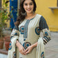 Women’s Cream Cotton Printed Kurta with Dupatta & Brown Pants