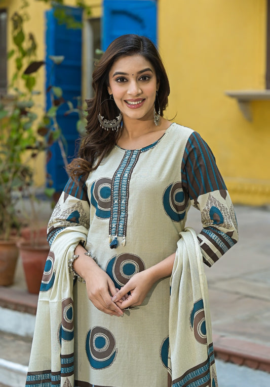 Women’s Cream Cotton Printed Kurta with Dupatta & Brown Pants