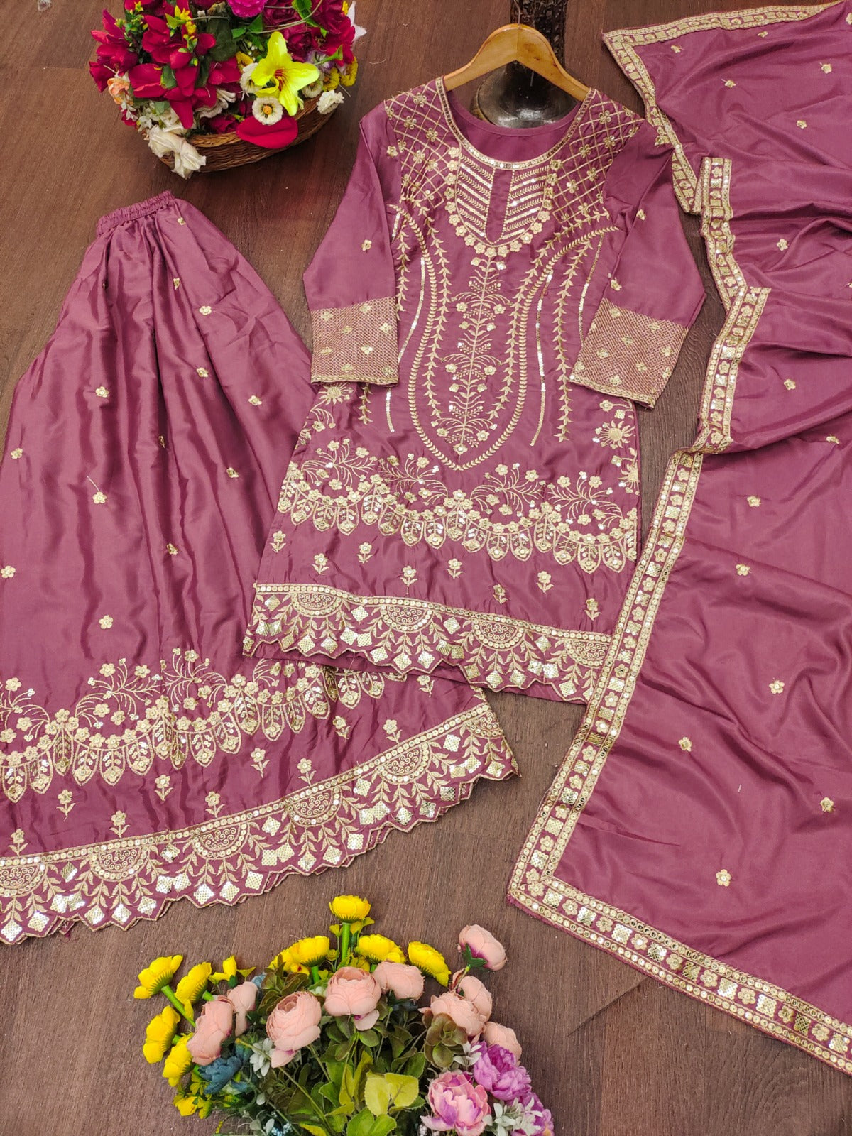 Premium Designer Embroidered Natural Crepe Sharara Suit Set with Sequins Work