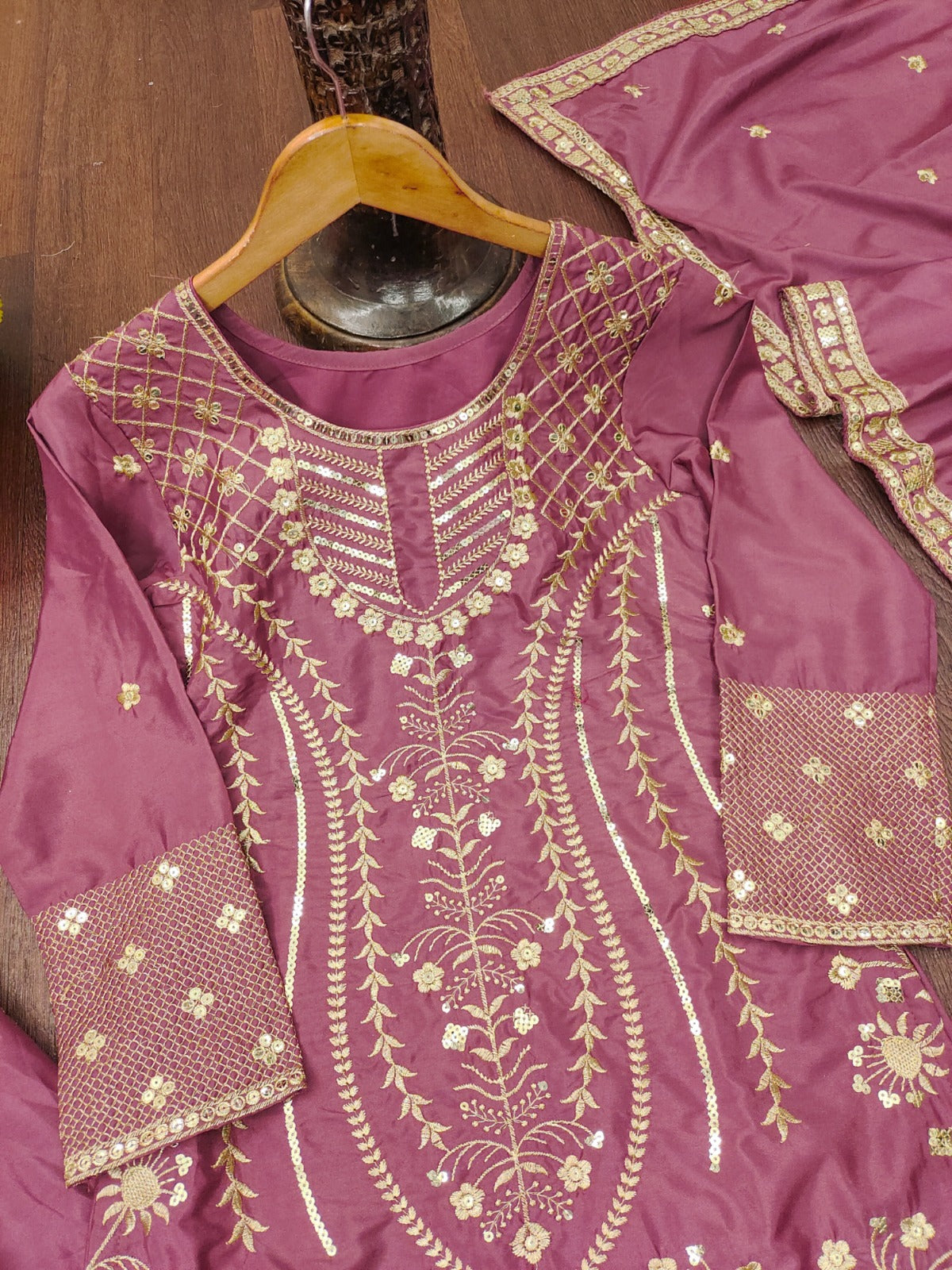 Premium Designer Embroidered Natural Crepe Sharara Suit Set with Sequins Work