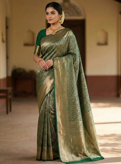 Premium Pure Gold Zari Lichi Silk Saree with Rich Pallu and All-Over Jacquard Work Green