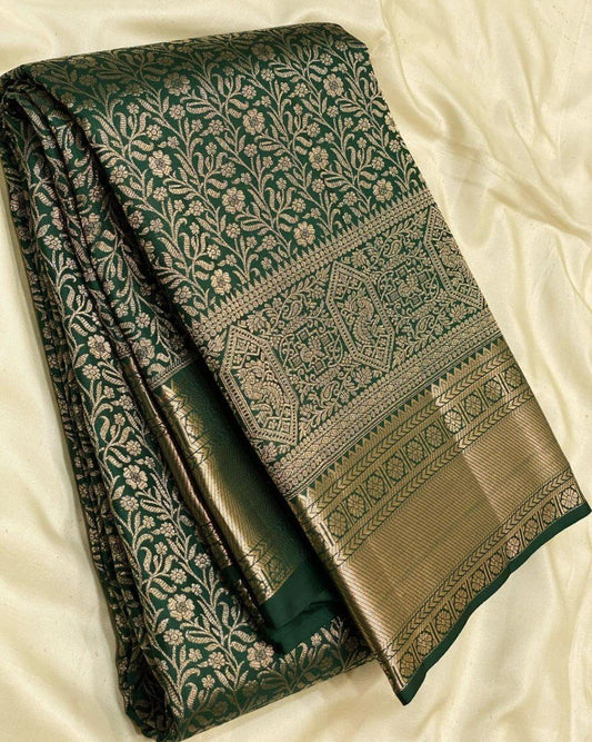 Premium Pure Gold Zari Lichi Silk Saree with Rich Pallu and All-Over Jacquard Work Green