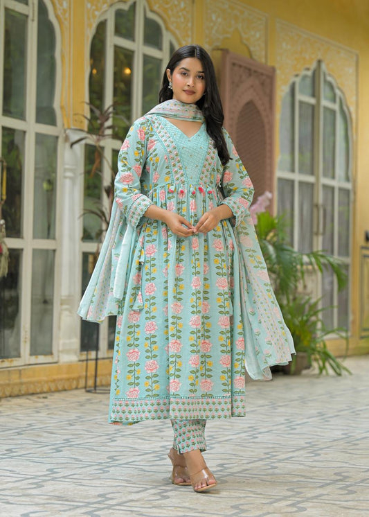 Block Print Anarkali Kurta Set with Matching Pants & Dupatta for Woman