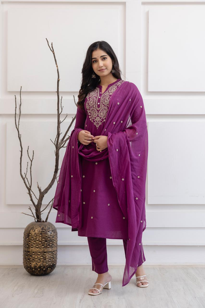 Women's Magenta Cotton Flex 3 Piece Set – Full Embroidery Work Kurta, Pants & Dupatta