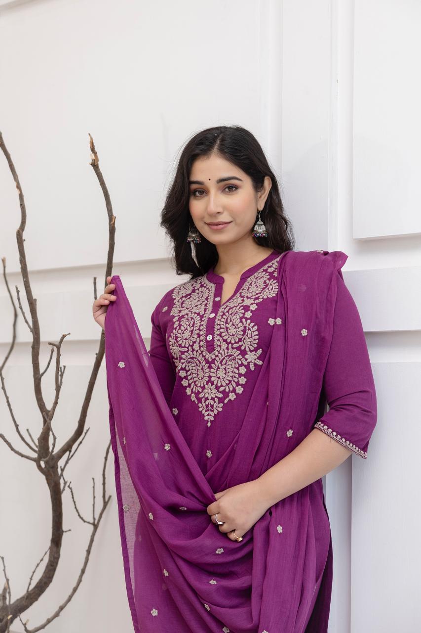 Women's Magenta Cotton Flex 3 Piece Set – Full Embroidery Work Kurta, Pants & Dupatta