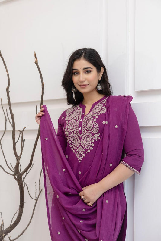 Women's Magenta Cotton Flex 3 Piece Set – Full Embroidery Work Kurta, Pants & Dupatta