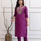 Women's Magenta Cotton Flex 3 Piece Set – Full Embroidery Work Kurta, Pants & Dupatta