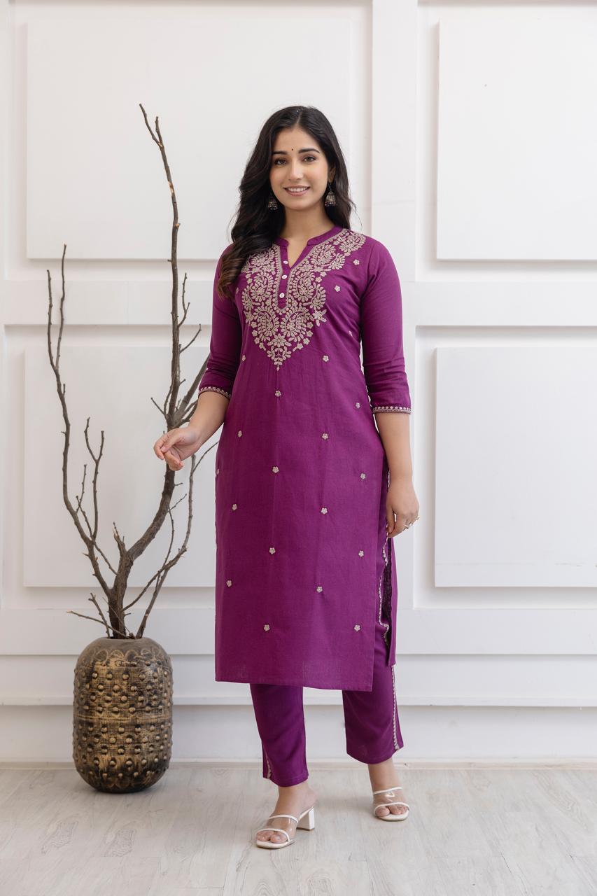 Women's Magenta Cotton Flex 3 Piece Set – Full Embroidery Work Kurta, Pants & Dupatta