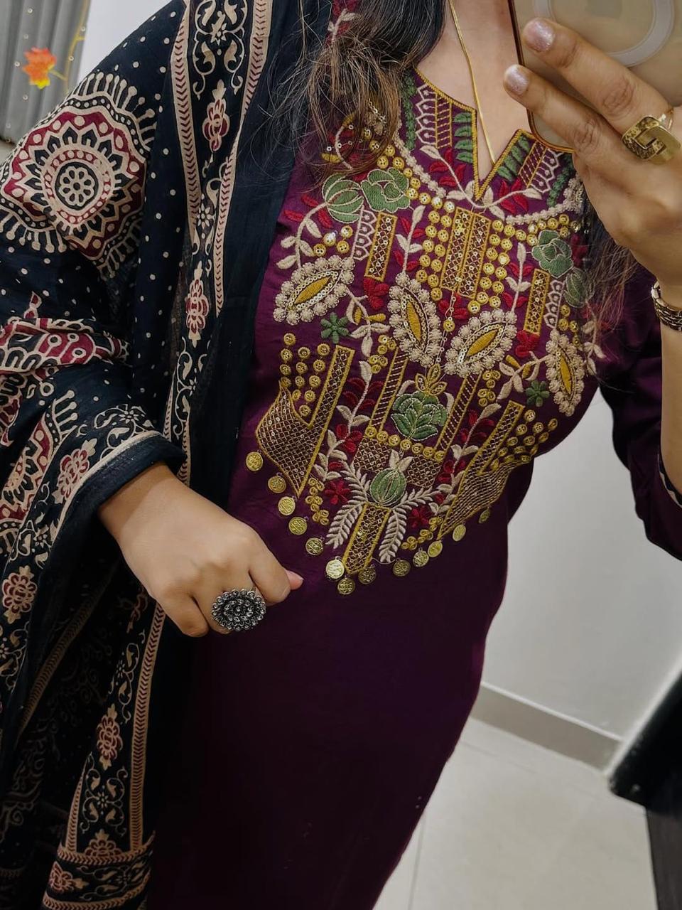 Exquisite Embroidered Cotton Kurta Pant Dupatta Set with Printed Dupatta