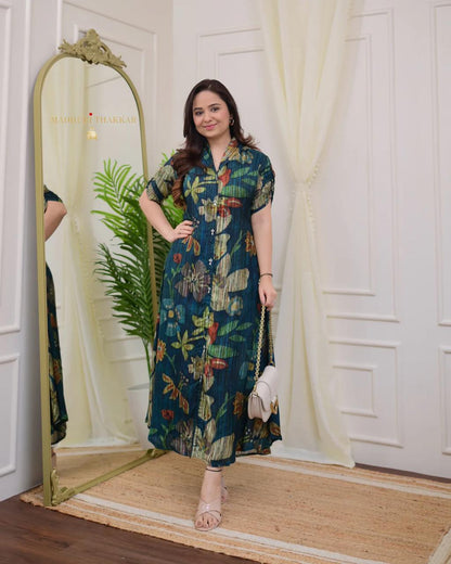 Premium Botanical Rayon A-Line Midi Dress – Show Button Style