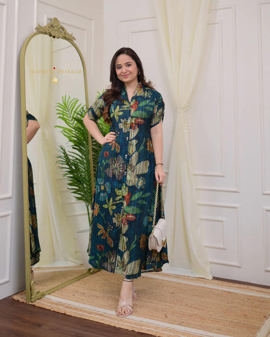 Premium Botanical Rayon A-Line Midi Dress – Show Button Style