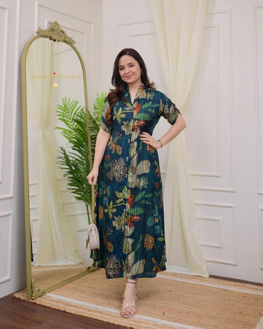 Premium Botanical Rayon A-Line Midi Dress – Show Button Style