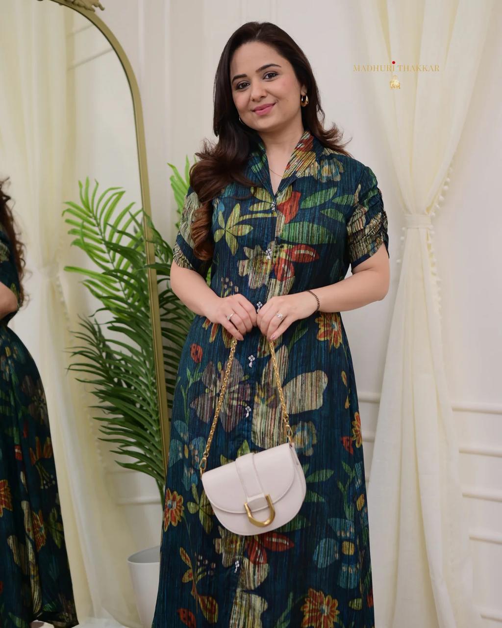 Premium Botanical Rayon A-Line Midi Dress – Show Button Style