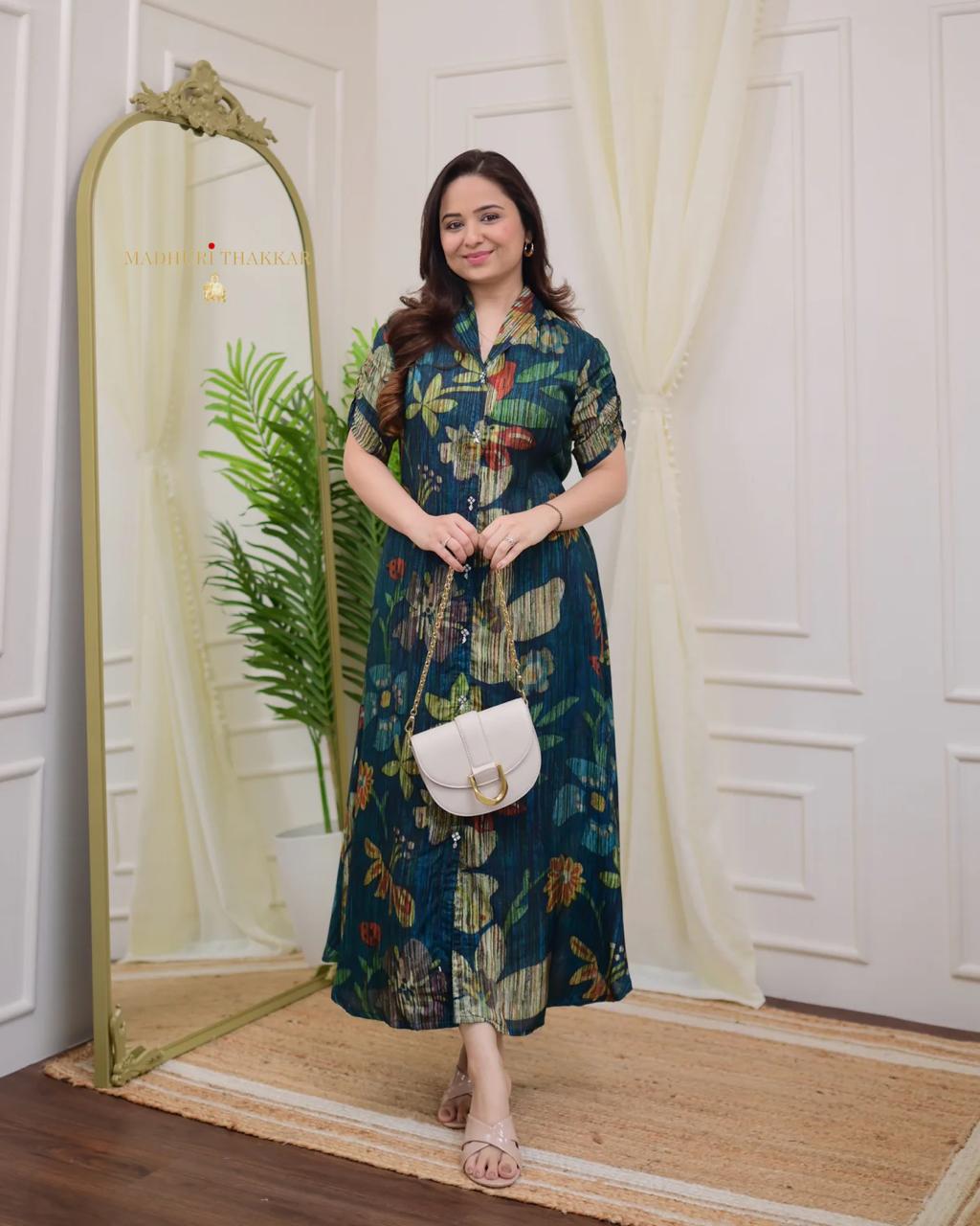 Premium Botanical Rayon A-Line Midi Dress – Show Button Style