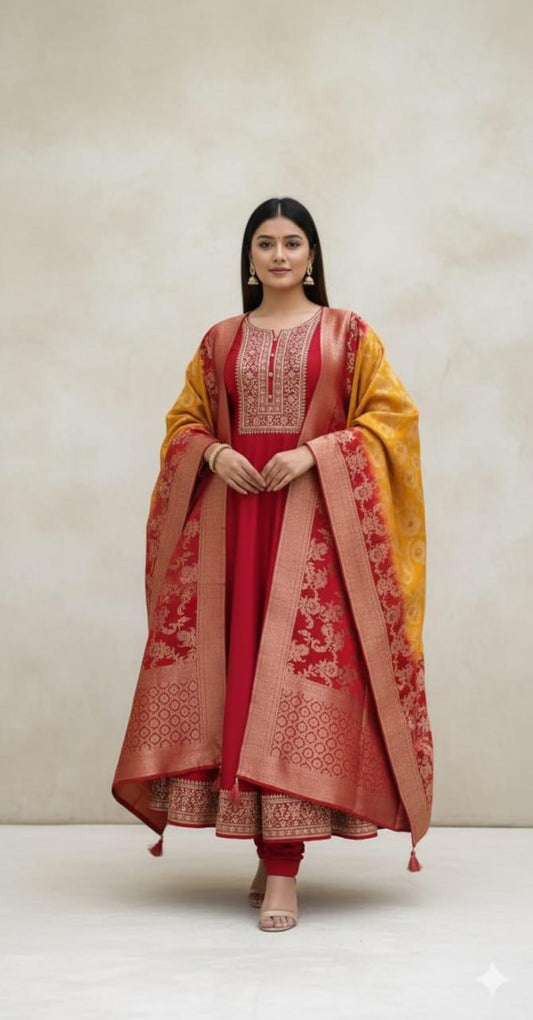 Jashan-E-Noor Premium Banana Silk Anarkali Kurti Pant Dupatta Set – Festive Special”