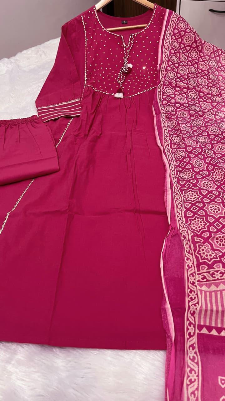 Premium Heavy Cotton Kurti Pant Dupatta Set with Printed Cotton Dupatta