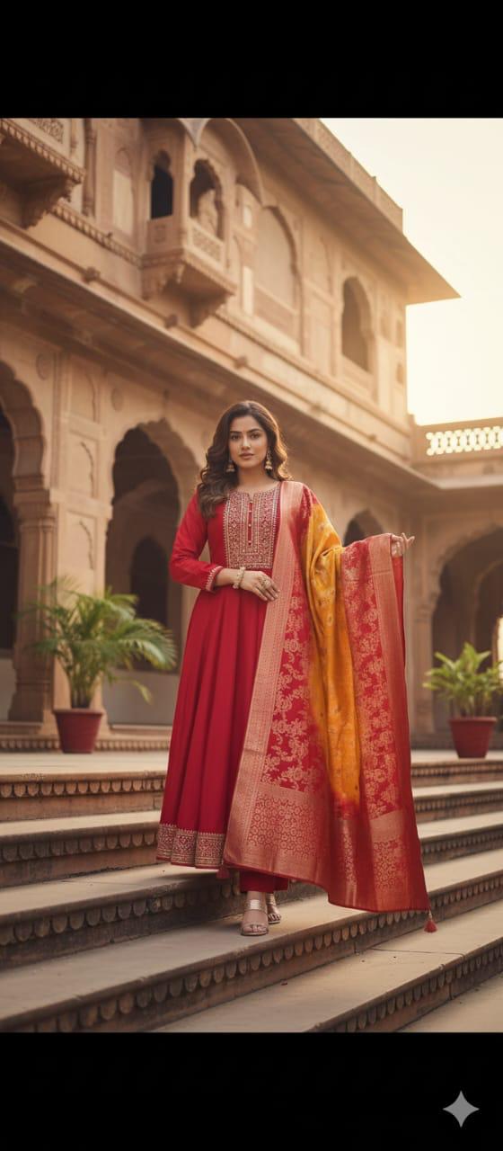 Jashan-E-Noor Premium Banana Silk Anarkali Kurti Pant Dupatta Set – Festive Special”