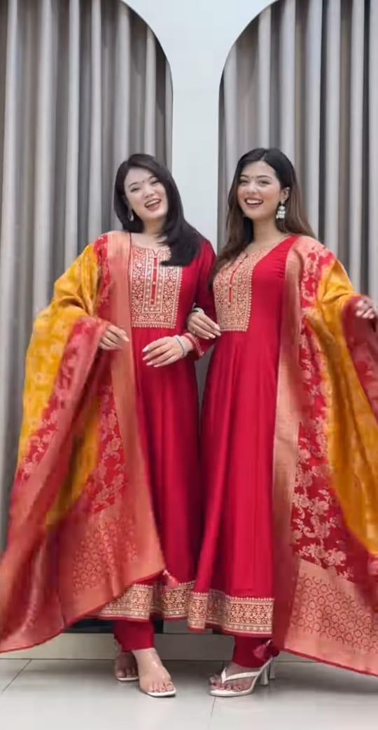 Jashan-E-Noor Premium Banana Silk Anarkali Kurti Pant Dupatta Set – Festive Special”